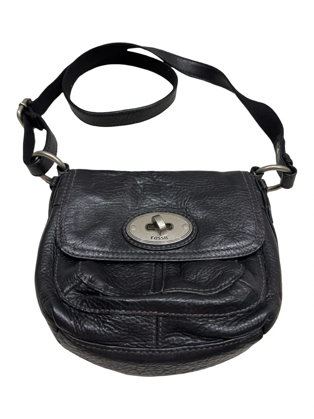 Vintage Fossil Black Leather Crossbody with Silver Turn-Lock Accent